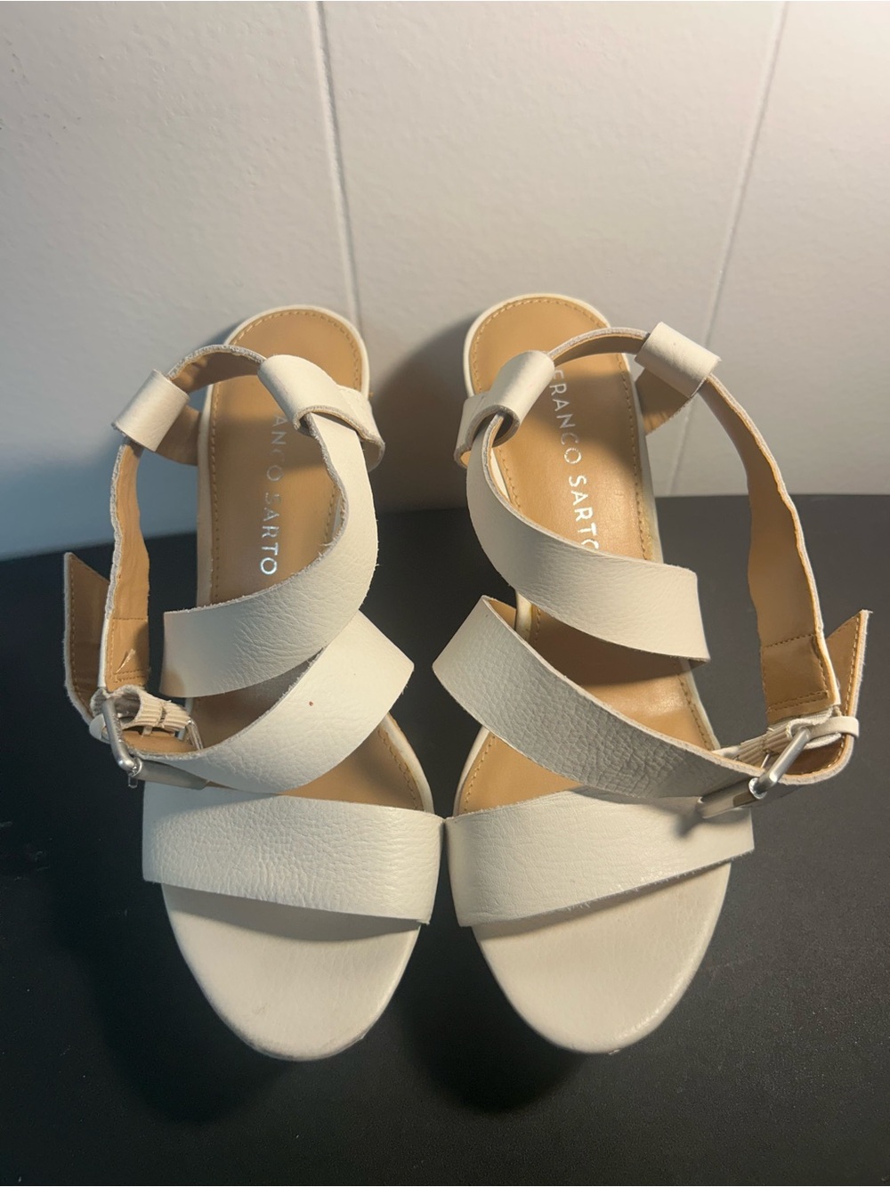 Franco Sarto Cream Strappy Leather Ankle Buckle Sandals